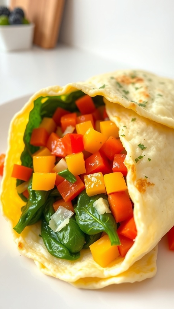 Fluffy Egg White Omelette Recipe A fluffy egg white omelette with bell peppers and spinach on a white plate.